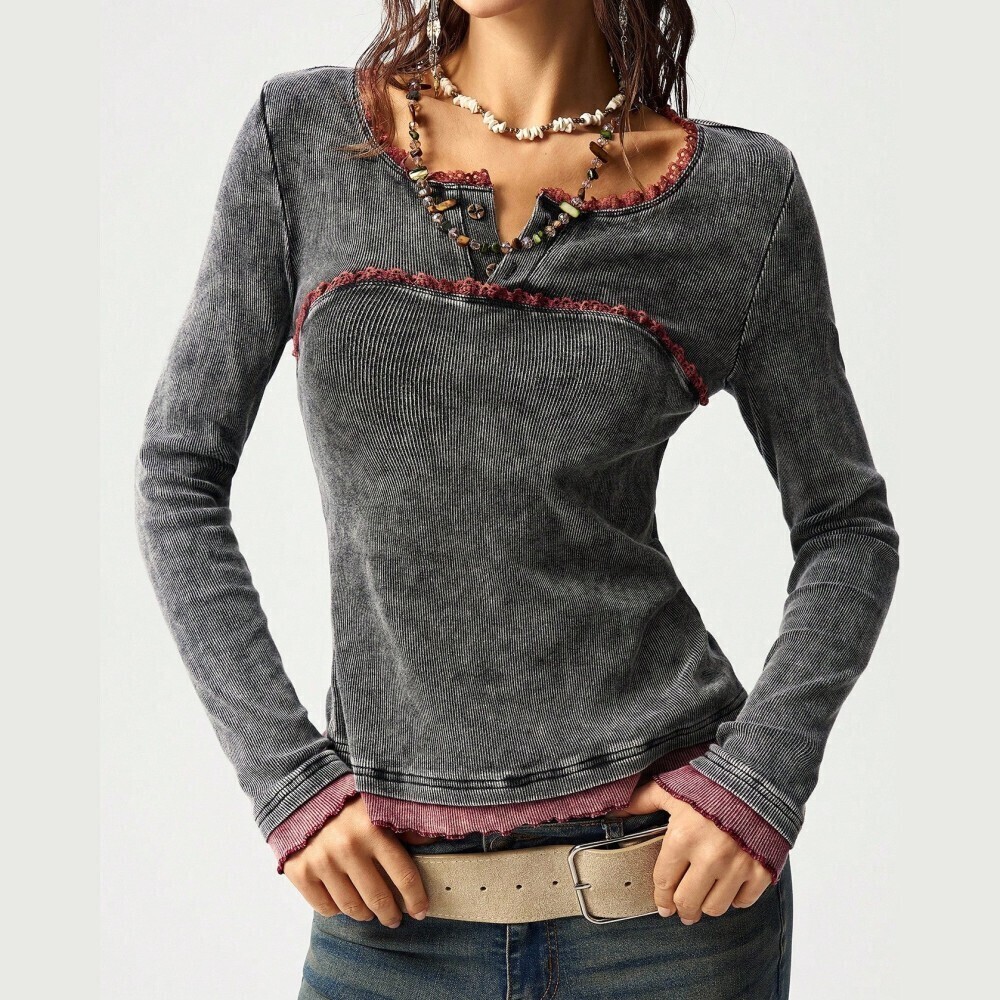 Gray Ribbed Knit Contrast Red Lace Trim Long Sleeve Henley Top